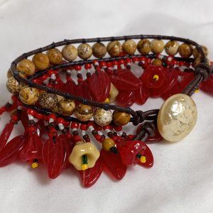 Woven Bracelet w/Jasper, Fringe w/Red and Tan Flowers, Vintage Button